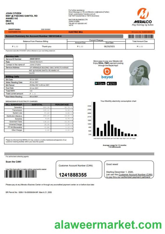 Philippines Meralco electricity utility bill template in Word and PDF format, version 2